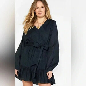 Outerknown‎ Lulu Dress Long Sleeve Black Swiss Dot Belted Ruffle Skirt Medium